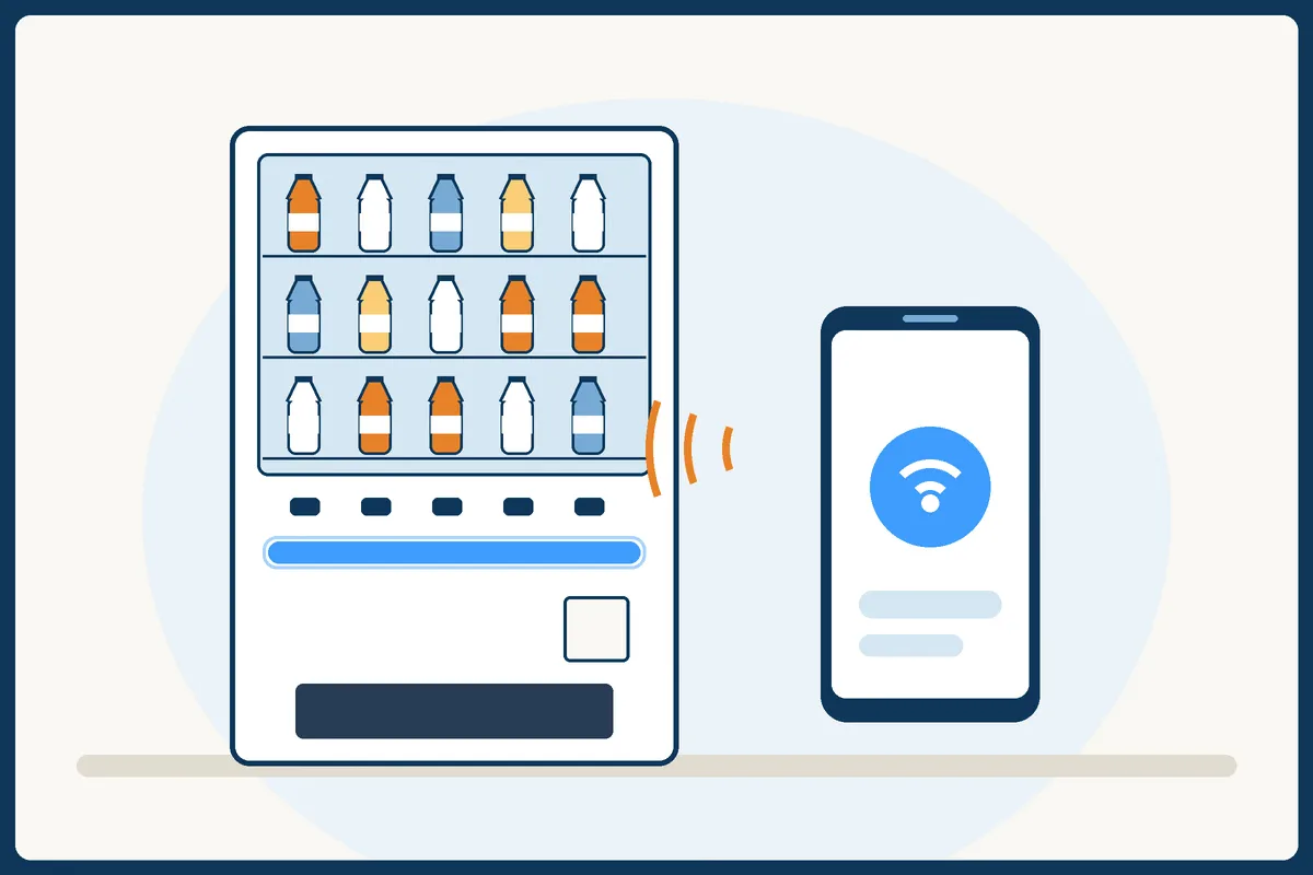 自販機のバーが青く点灯し、スマートフォンのCoke ONアプリと接続している様子のイラスト