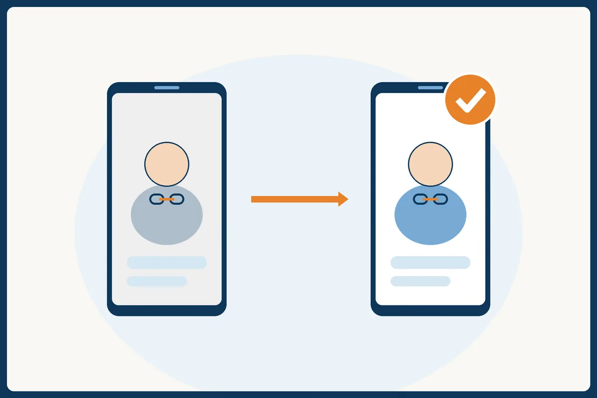 古いスマートフォンから新しいスマートフォンへ、連携済みの同じアカウントを引き継ぐ様子のイラスト