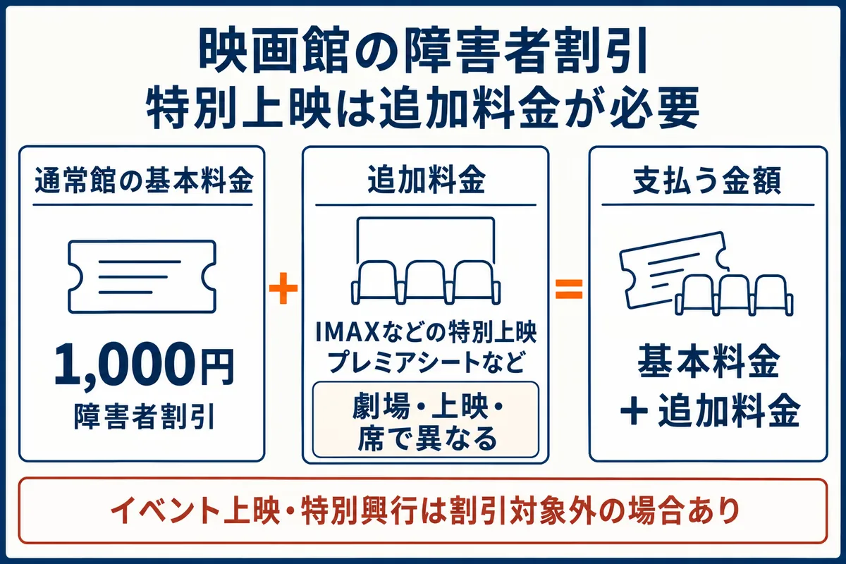 映画館の障害者割引の支払額は通常館の基本料金1,000円に特別上映や特別席の追加料金を加えた金額。イベント上映・特別興行は割引対象外の場合あり