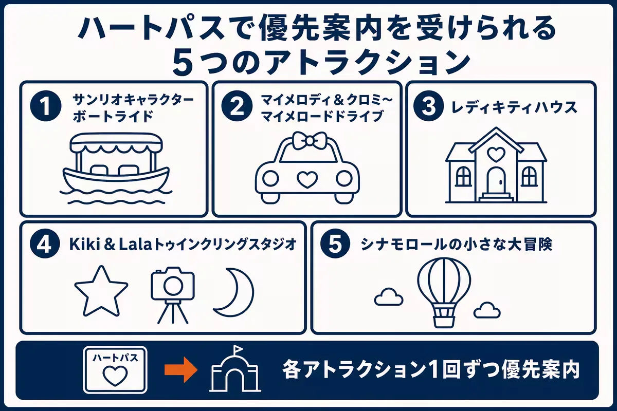 サンリオピューロランドのハートパスで優先案内を受けられる5つのアトラクションと各1回の利用条件を示す図解